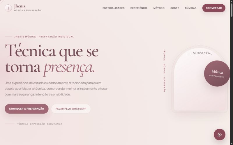 Captura de tela do projeto Jhenis — Música & Preparação